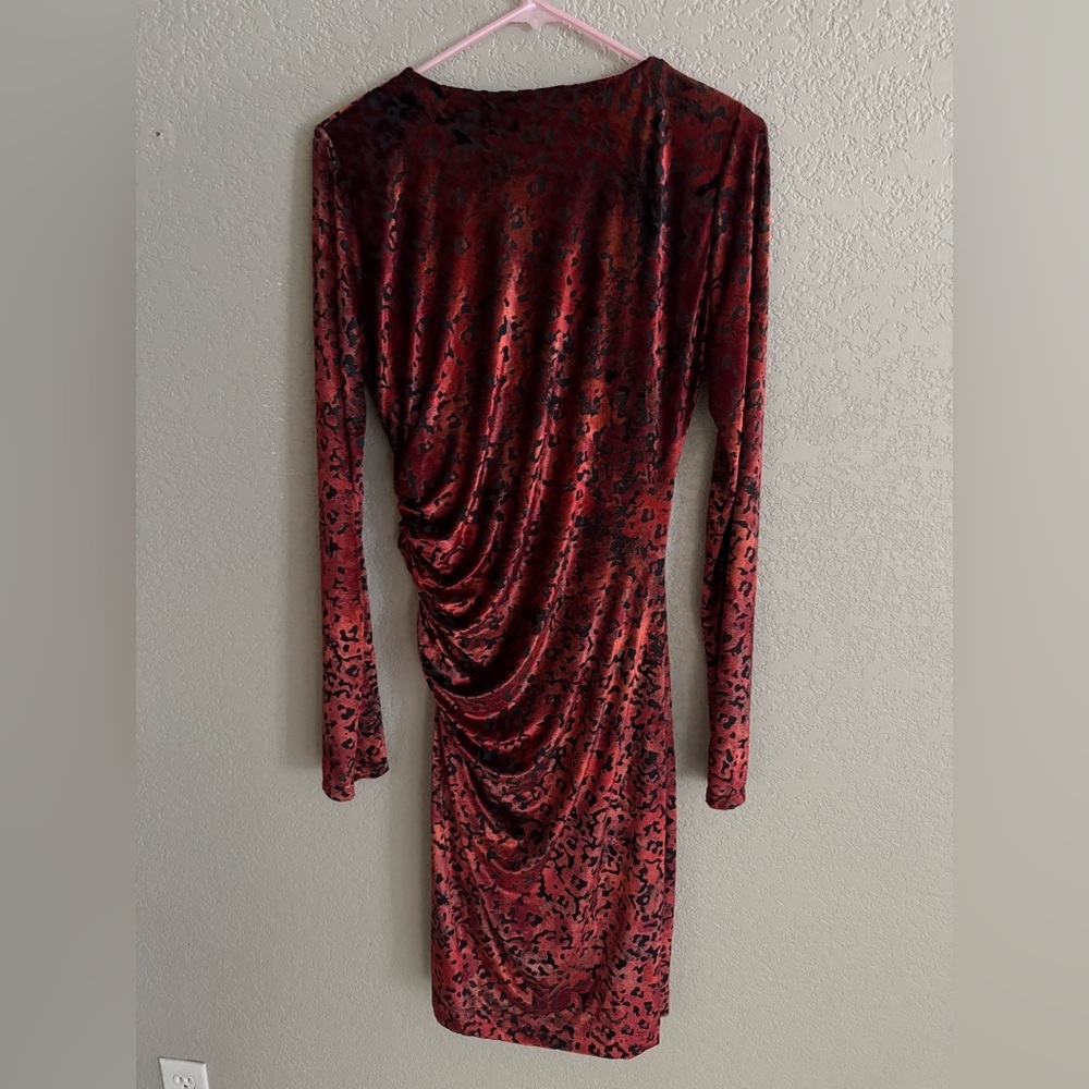 Fuzzi Italy Red Leopard Burnout Velvet Bodycon Dress XL Ruched Midi NWT - Picture 10 of 12